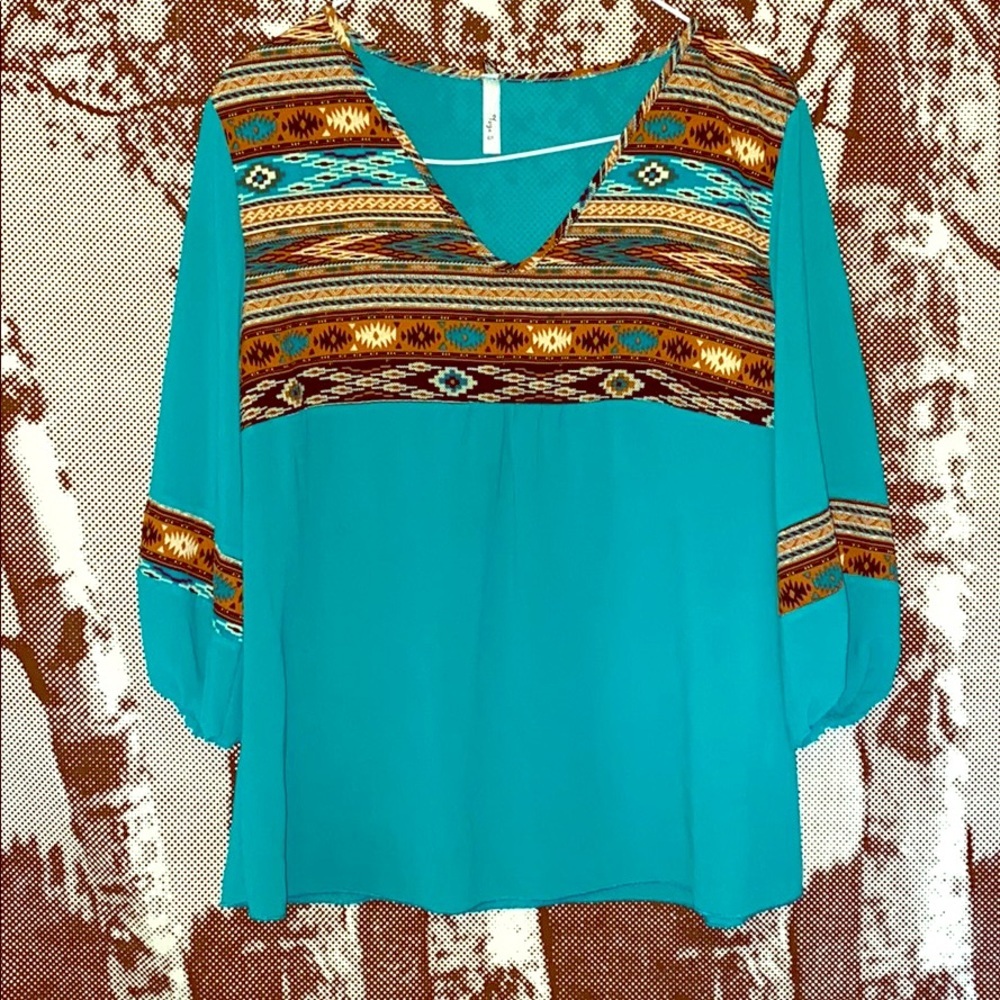 Sheer Aztec print Teal top-Yoyo 5 brand